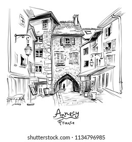 Vector black and white , city view with Gorgeous medieval arch gate Sepulchre Gate on the street Rue Sainte-Claire in Old Town of Annecy, France.