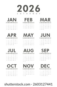 Vector black and white classic calendar A4 for 2026 year. Week starts on Sunday. Desk or wall vertical calendar in minimalist style