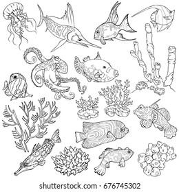 Vector black and white clip-art with corals, fishes, jellyfish and octopus