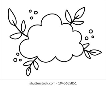 Nube vectorial blanca y negra con hojas. Icono de línea meteorológica o página de color aislada en fondo blanco.
