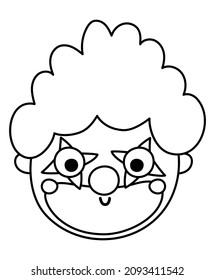 Vector black and white clown face. Circus artist avatar outline clipart. Amusement holiday line icon. Cute funny festival character clip art. Street show comedian illustration or coloring page
