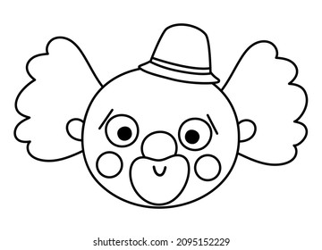 Vector black and white clown face. Circus artist avatar outline clipart. Amusement holiday line icon. Cute funny festival character clip art. Street show comedian illustration or coloring page
