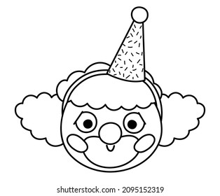 Vector black and white clown face. Circus artist avatar outline clipart. Amusement holiday line icon. Cute funny festival character clip art. Street show comedian illustration or coloring page
