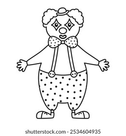 vector black and white clown, outline vector illustration of circus artist, amusement holiday line icon, cute funny festival character