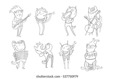 Vector black and white collection with lovely monsters, playing musical instruments and singing. Creatures play accordion, trumpet, drum, guitar, flute, cello, tambourine. Hand drawn characters set 