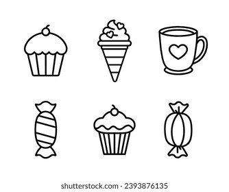 Vector black and white collection. Set of linear icons of desserts. Cupcake with cream and cherry, ice cream, candy, cup of coffee or tea.