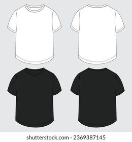 Vector black and white color short sleeve t shirt vector illustration template front and back views. Apparel clothing design mock up for ladies