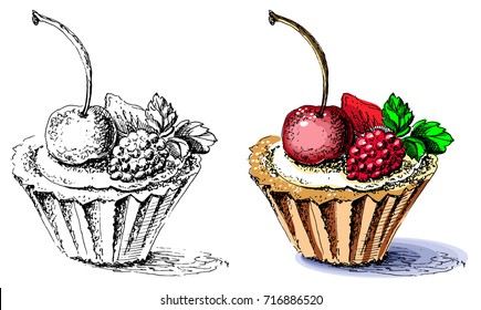Vector black and white and color sketch illustration of cute creamy sweet cupcake. Can be used for greeting cards or party invitations.