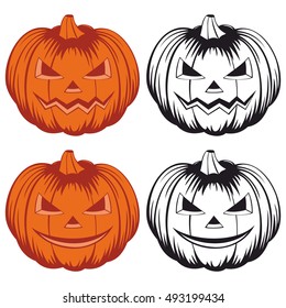 Vector black and white and colored illustration jack-o-lantern halloween pumpkins set isolated on white background. 