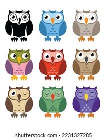 vector black and white and colorful owl icons isolated on white background. owl bird logo graphic design, wisdom symbol