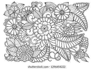 Vector black and white colorin page for colouring book. Leafs and flowers  in monocrome colors. Doodles pattern