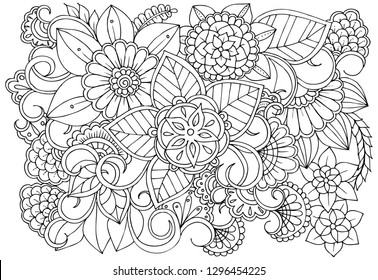 Vector black and white colorin page for colouring book. Leafs and flowers  in monocrome colors. Doodles pattern