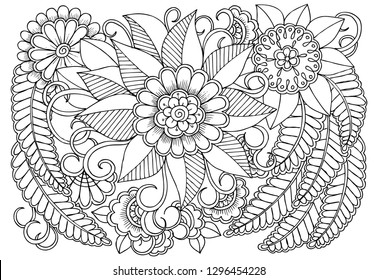 Vector black and white colorin page for colouring book. Leafs and flowers  in monocrome colors. Doodles pattern