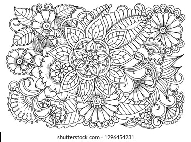 Vector black and white colorin page for colouring book. Leafs and flowers  in monocrome colors. Doodles pattern