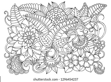 Vector black and white colorin page for colouring book. Leafs and flowers  in monocrome colors. Doodles pattern