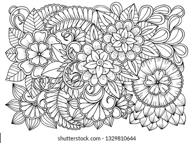 Vector black and white colorin page for colouring book. Leafs and flowers  in monocrome colors. Doodles pattern