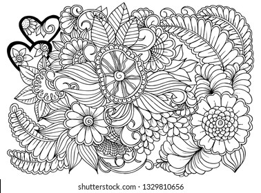 Vector black and white colorin page for colouring book. Leafs and flowers  in monocrome colors. Doodles pattern