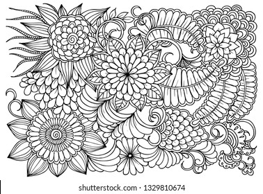 Vector black and white colorin page for colouring book. Leafs and flowers  in monocrome colors. Doodles pattern