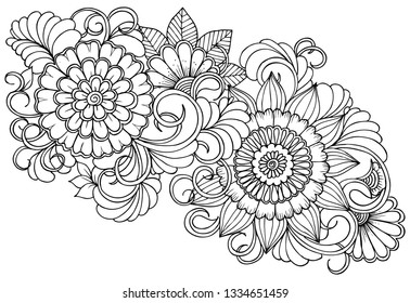 Vector black and white colorin page for colouring book. Leafs and flowers  in monocrome colors. Doodles pattern