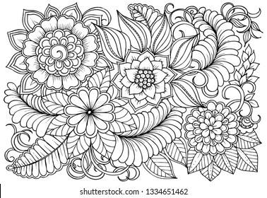 Vector black and white colorin page for colouring book. Leafs and flowers  in monocrome colors. Doodles pattern