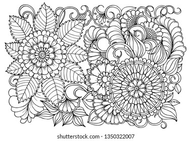 Vector black and white colorin page for colouring book. Leafs and flowers  in monocrome colors. Doodles pattern