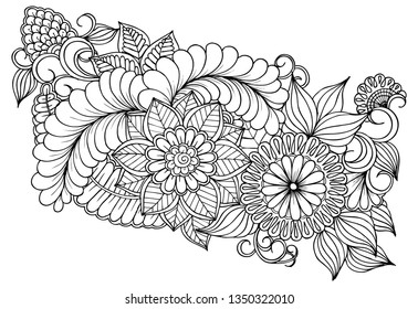 Vector black and white colorin page for colouring book. Leafs and flowers  in monocrome colors. Doodles pattern