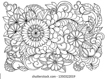 Vector black and white colorin page for colouring book. Leafs and flowers  in monocrome colors. Doodles pattern