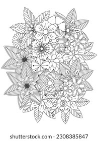 Vector black and white colorin page for colouring book. Flowers in black and white. Doodle art for coloring book.Coloring pages for adult. 