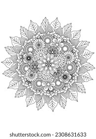 Vector black and white colorin page for colouring book. Coloring pages for adult.Vector monochrome floral doodle. 