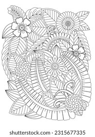 Vector black and white colorin page for colouring book. For adult and kids. Black and white flower pattern for coloring. Doodle floral drawing.