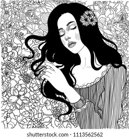 vector black and white, coloring, beautiful brunette girl among the blossoming lush wildflowers