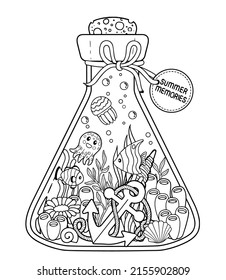 Vector black and white Coloring book page for adult. Underwater life in a glass bottle, sea creatures, algae and shells for summer memories