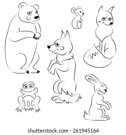 Vector black and white coloring forest animals. isolated bear, wolf, fox, rabbit, frog, mouse.