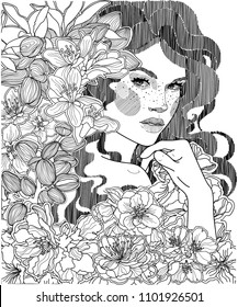 vector black and white coloring girl fairy peeps out from behind the branches of blossoming almonds