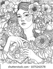 
vector black and white coloring illustration, girl among flowers, openwork line, ornament and background texture