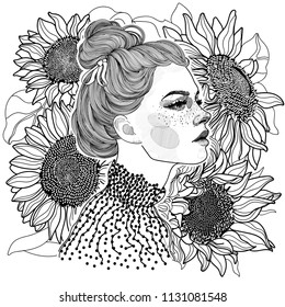 vector black and white coloring ornament face of beautiful girl in profile, on her head hairstyle bunch, on background of large ripe sunflowers with seeds