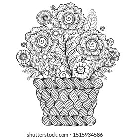 Vector black and white coloring page for adults for relaxation and creativity. Stylized decorative flowers, customs and leaves in a basket of many small delicate details