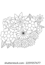 Página de coloreo vectorial en blanco y negro para libro de coloreo. Hojas y flores en colores monocromos. Dibujo floral de Doodle. Página de coloreado de la terapia artística. Hermoso adorno impecable de paisajes florales bangladesíes