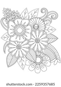 Vector black and white coloring page for coloring book. Leaves and flowers in monochrome colors. Doodle floral drawing. Art therapy coloring page.Beautiful Bangladeshi floral paisley seamless ornament