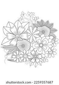 Vector black and white coloring page for coloring book. Leaves and flowers in monochrome colors. Doodle floral drawing. Art therapy coloring page.Beautiful Bangladeshi floral paisley seamless ornament