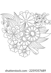 Vector black and white coloring page for coloring book. Leaves and flowers in monochrome colors. Doodle floral drawing. Art therapy coloring page.Beautiful Bangladeshi floral paisley seamless ornament