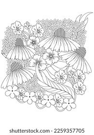 Vector black and white coloring page for coloring book. Leaves and flowers in monochrome colors. Doodle floral drawing. Art therapy coloring page.Beautiful Bangladeshi floral paisley seamless ornament