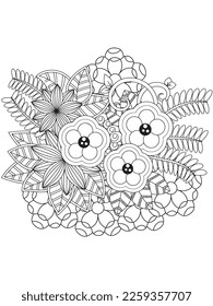 Vector black and white coloring page for coloring book. Leaves and flowers in monochrome colors. Doodle floral drawing. Art therapy coloring page.Beautiful Bangladeshi floral paisley seamless ornament