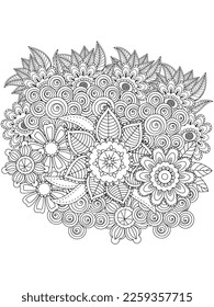 Vector black and white coloring page for coloring book. Leaves and flowers in monochrome colors. Doodle floral drawing. Art therapy coloring page.Beautiful Bangladeshi floral paisley seamless ornament