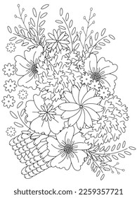 Vector black and white coloring page for coloring book. Leaves and flowers in monochrome colors. Doodle floral drawing. Art therapy coloring page.Beautiful Bangladeshi floral paisley seamless ornament