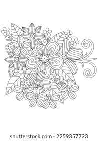 Vector black and white coloring page for coloring book. Leaves and flowers in monochrome colors. Doodle floral drawing. Art therapy coloring page.Beautiful Bangladeshi floral paisley seamless ornament