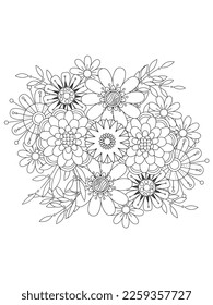 Página de coloreo vectorial en blanco y negro para libro de coloreo. Hojas y flores en colores monocromos. Dibujo floral de Doodle. Página de coloreado de la terapia artística. Hermoso adorno impecable de paisajes florales bangladesíes