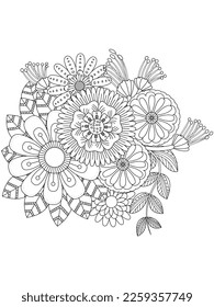 Página de coloreo vectorial en blanco y negro para libro de coloreo. Hojas y flores en colores monocromos. Dibujo floral de Doodle. Página de coloreado de la terapia artística. Hermoso adorno impecable de paisajes florales bangladesíes