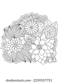 Vector black and white coloring page for coloring book. Leaves and flowers in monochrome colors. Doodle floral drawing. Art therapy coloring page.Beautiful Bangladeshi floral paisley seamless ornament