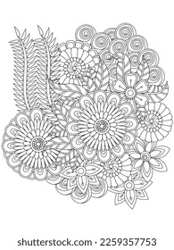 Página de coloreo vectorial en blanco y negro para libro de coloreo. Hojas y flores en colores monocromos. Dibujo floral de Doodle. Página de coloreado de la terapia artística. Hermoso adorno impecable de paisajes florales bangladesíes
